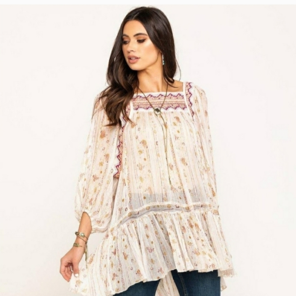 Free People Dance Magic Embroidered Yoke Flowy Boho Festival Hippie Tunic L - Picture 2 of 12